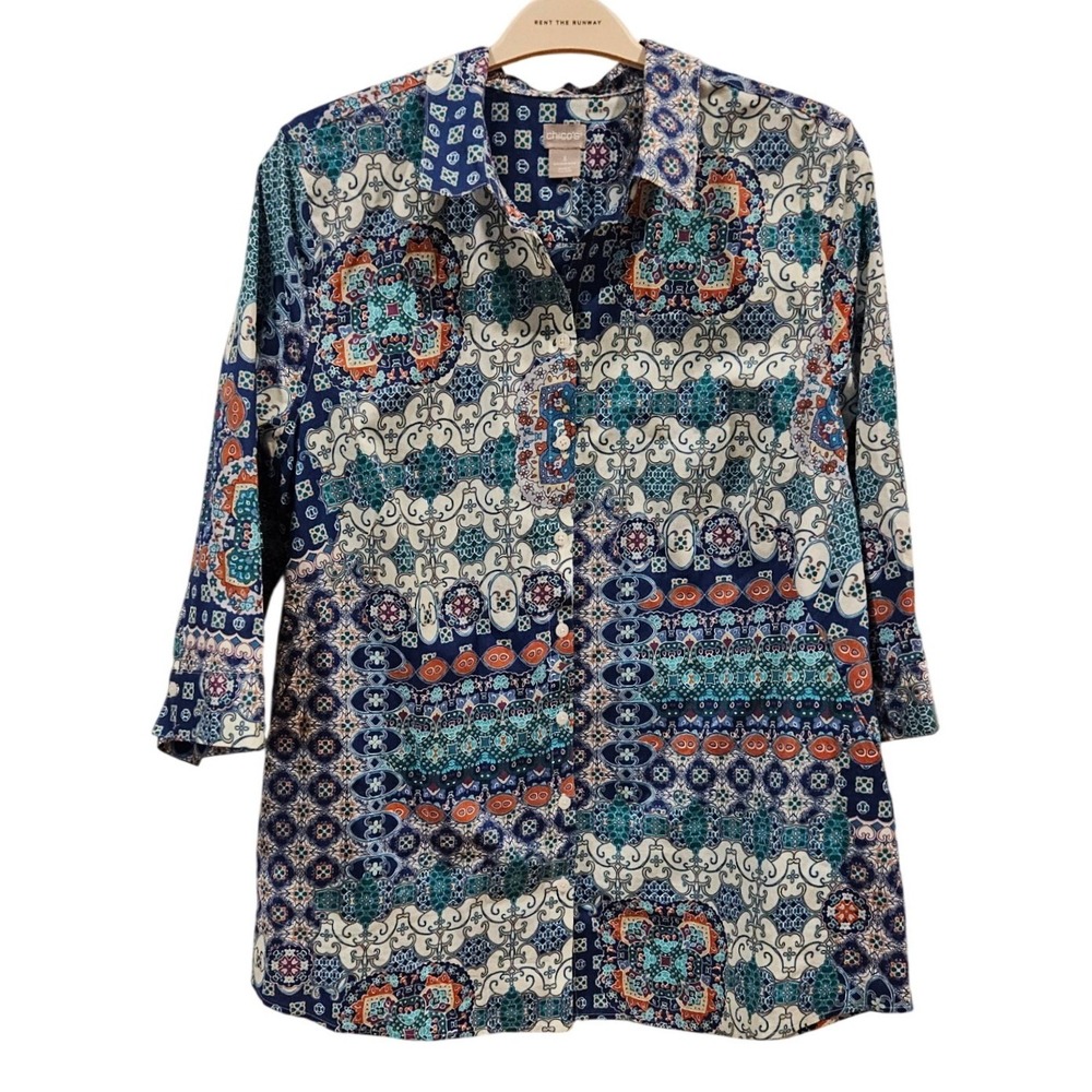 Chico's Patchwork Print Button Down Shirt Womens Size 3 Long Sleeve No Iron